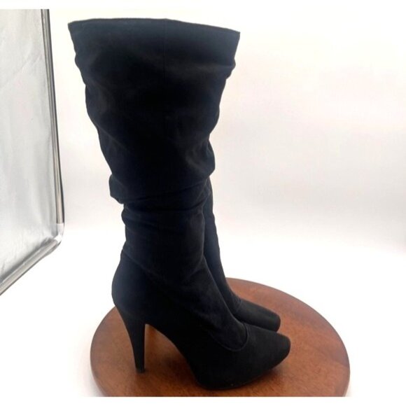 Elle Black Suede Pointed Toe Slouchy Heeled Mid-Calf Boots Size 6M Whimsigoth - Picture 6 of 14